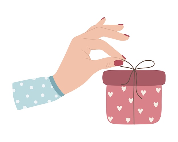 The hand unties the gift  Vector illustration in cartoon style