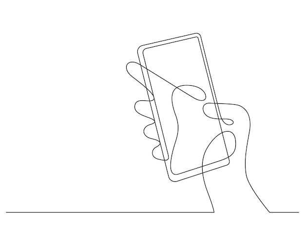 Vector hand using smart phone close up thin line illustration