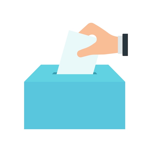 Hand voting ballot box icon Hand putting paper in the ballot box Voting concept Vector illustration Election and democracy campaign Digital or online vote Sign