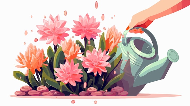 Vector hand watering can pours rebutia vector illustration