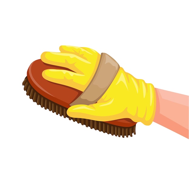 Hand wear latex glove holding brush for grooming horse or cleaning dirt symbol cartoon illustration