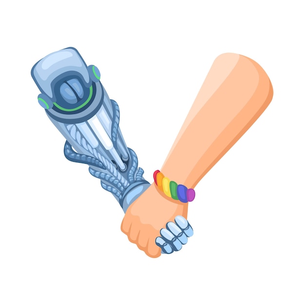 Hand wear lgbt bracelet holds and handshake with cyborg hand robot and human peaceful symbol cartoo