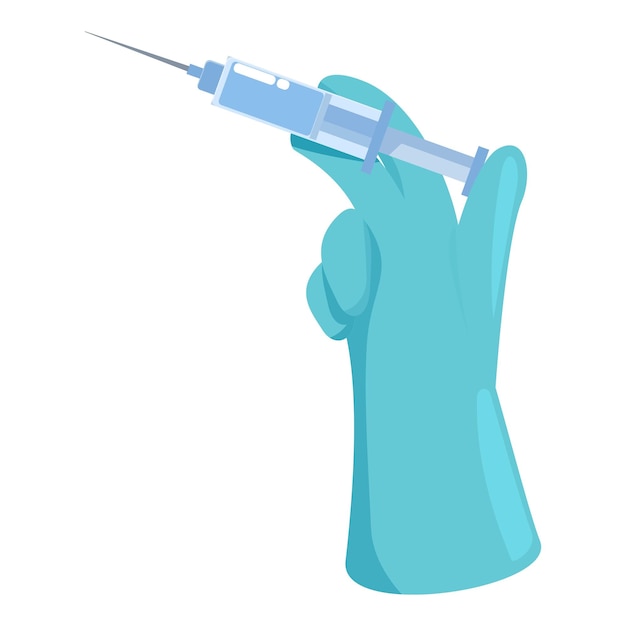 Hand wearing a surgical glove is holding a syringe with medicine