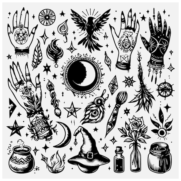 Hand witch setCelestial hand drawn boho styleWiccan spell esoteric collection stock illustration