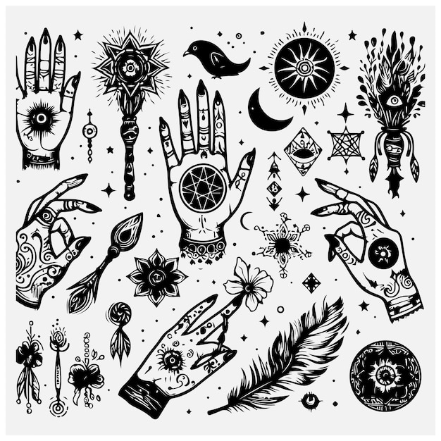 Hand witch setCelestial hand drawn boho styleWiccan spell esoteric collection stock illustration