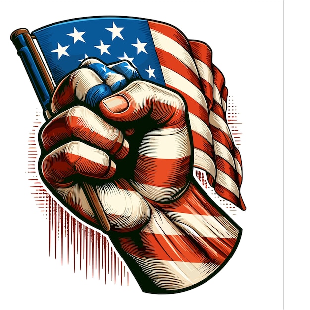 Hand with american flag illustration on white background