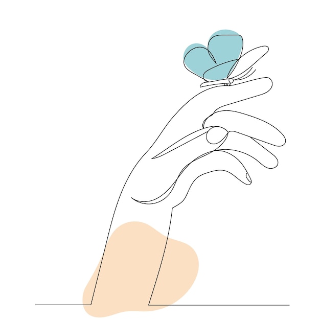 Hand with butterfly drawing by one continuous line sketch vector