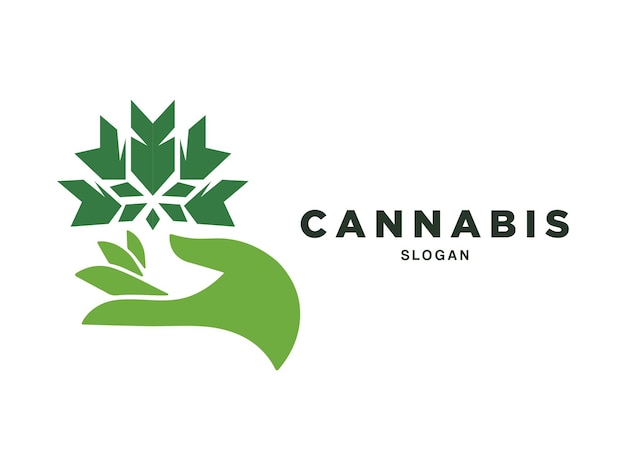 Hand with cannabis marijuana weed logo design vector