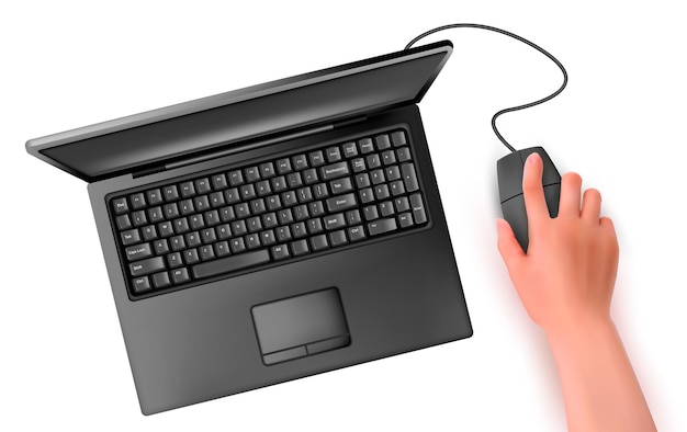 Hand with computer mouse and notebook Vector illustration