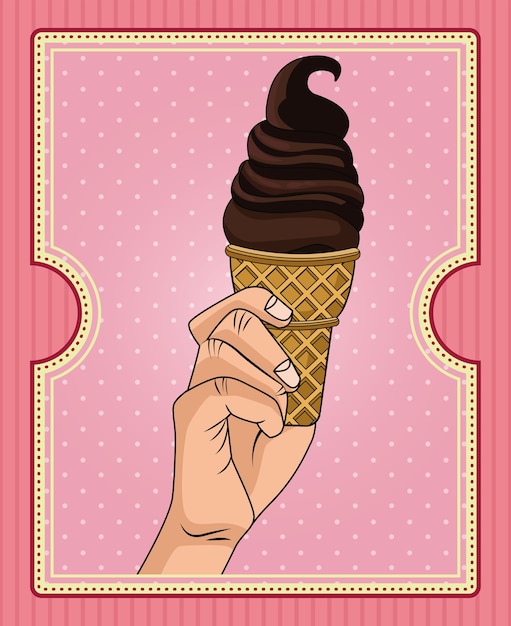 Hand with delicious ice cream pop art style