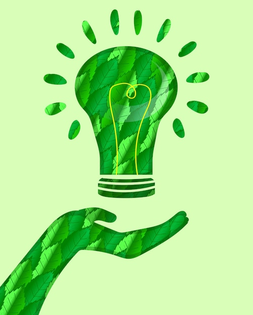 Hand with eco green leaf icon in light bulb Bio nature green eco symbol for web and business. The hand holds a lamp made of leaves. Green electricity. Ecology protection.