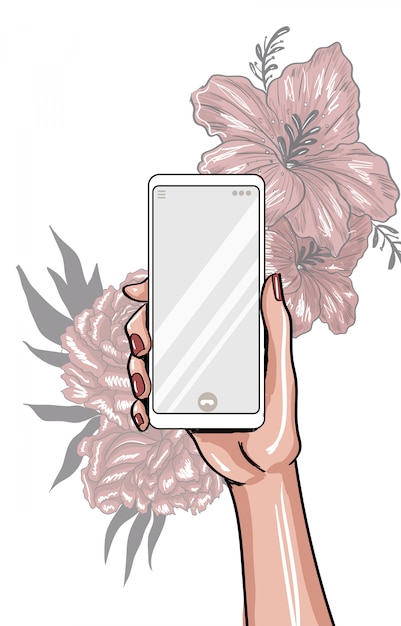 Hand with empty phone and flower