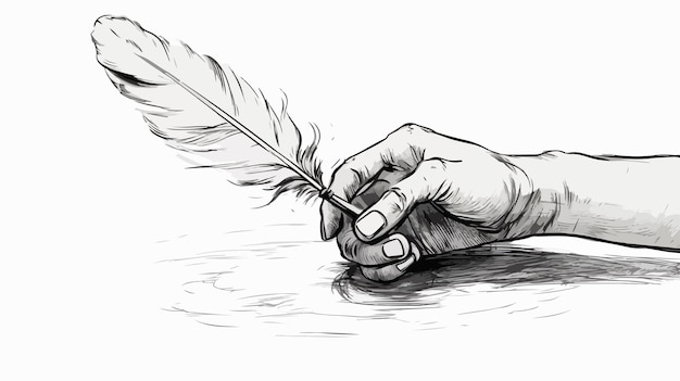 Vector hand with feather pen and inkwell