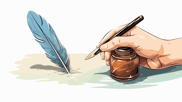 Vector hand with feather pen and inkwell