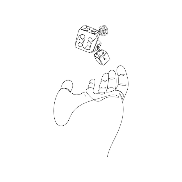 Hand with game dice.Person throwing craps. Gambler,business risk,casino concept. One line art vector