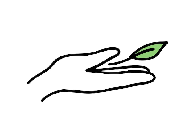 A hand with a green leaf Co2 concept of climate change Recycling Vector doodle