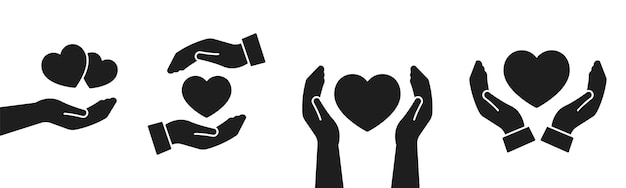 Hand with heart icon set. Hand holding heart icons. Human health medical pictogram.