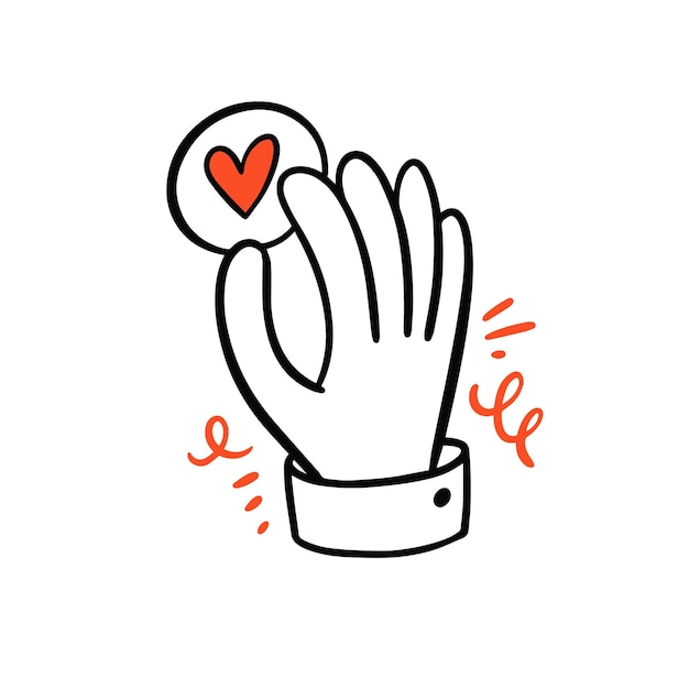 Hand with heart love like doodle icon. Hand drawn colorful cartoon style.