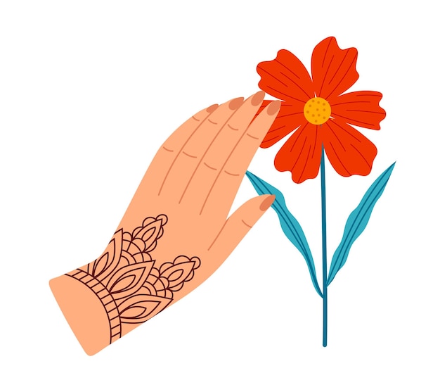 Hand with henna tattoo reaching out to touch a red flower beauty in nature and cultural tradition