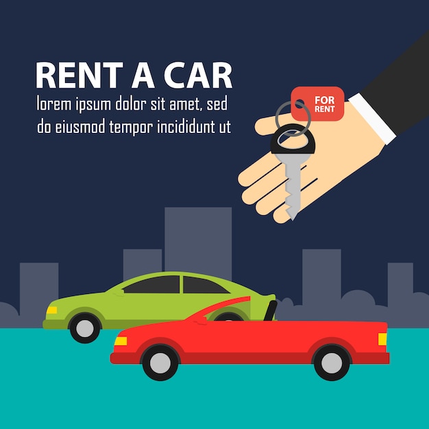 Hand with keys and cars in the road rent a car illustration