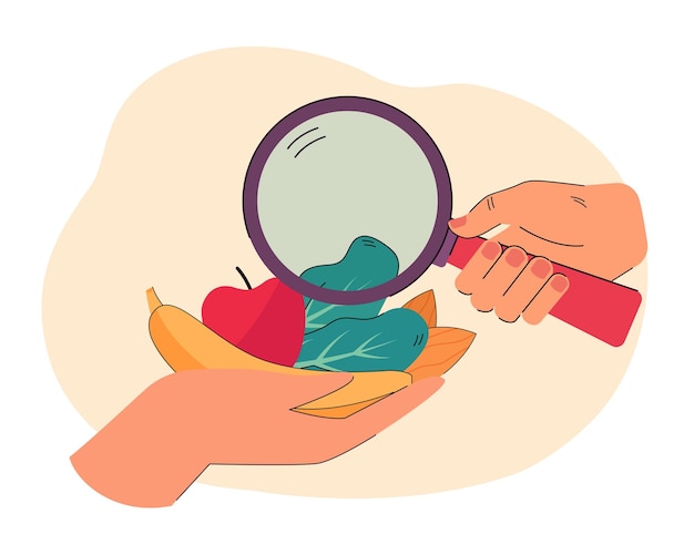 Hand with magnifying glass exploring groceries