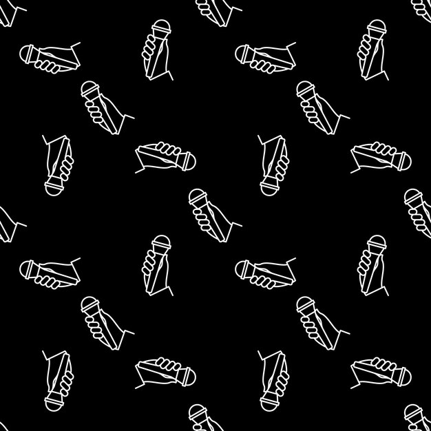 Hand with microphone linear vector dark seamless pattern