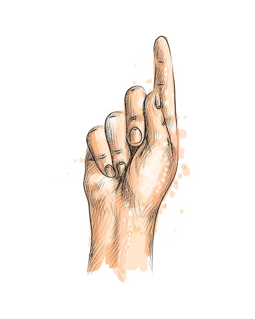 Hand with one finger up from a splash of watercolor, hand drawn sketch.  illustration of paints