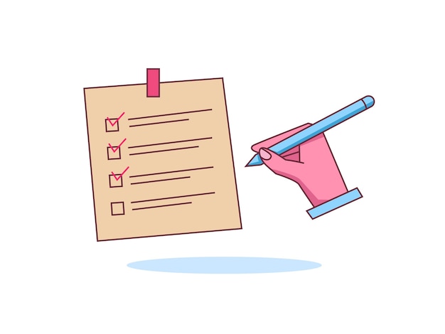 Hand with pen ticking done tasks with mark in check box of to do list illustration