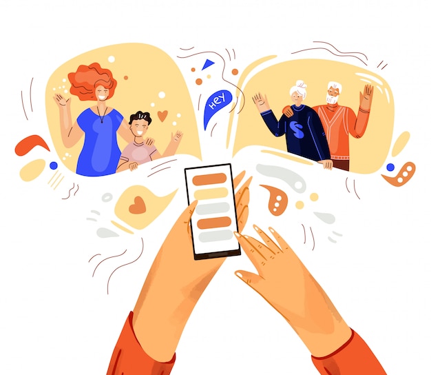 Hand with phone illustration, concept about online video call. Family online meeting with smartphone.