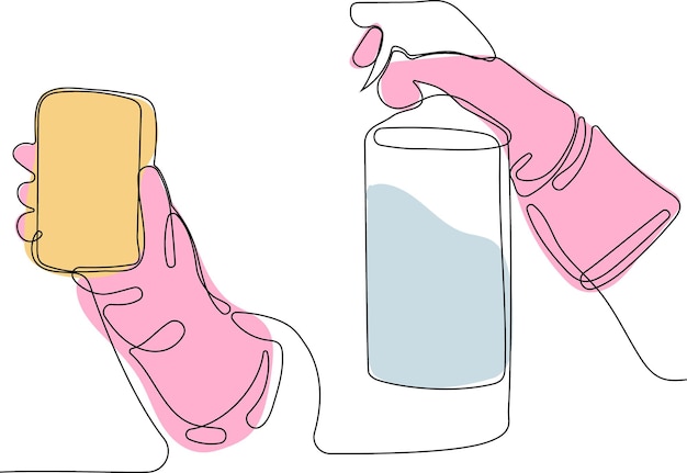 A hand with a pink glove holding a bottle of cleaning liquid and a spray bottle of cleaning product