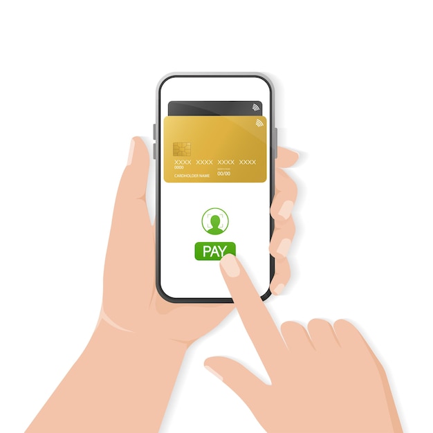 Hand with smartphone. Abstract online payment for mobile device design. Online transaction.