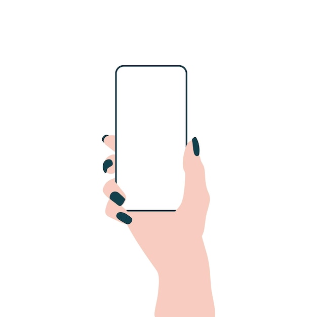 Hand with smartphone empty mobile phone screen flat concept