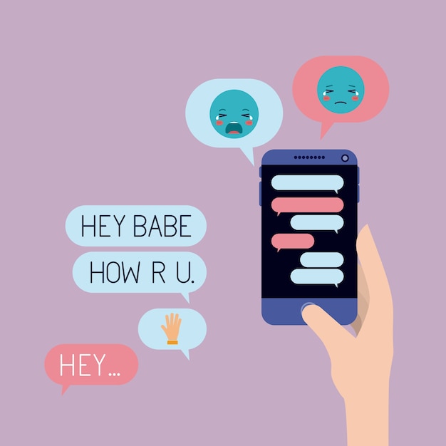 hand with smartphone and set speech bubbles and emoticons