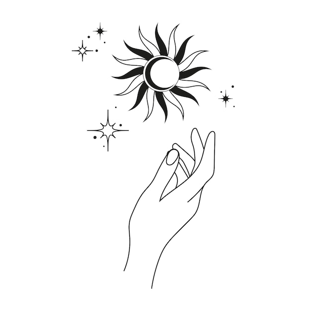 Hand with sun moon and stars symbol for cosmetics and jewelry logo tattoo Esoteric linear style