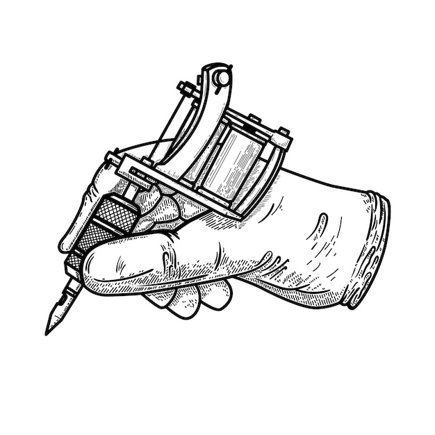 Hand with tattoo machine.  element for poster, card, t shirt, emblem, sign.  illustration