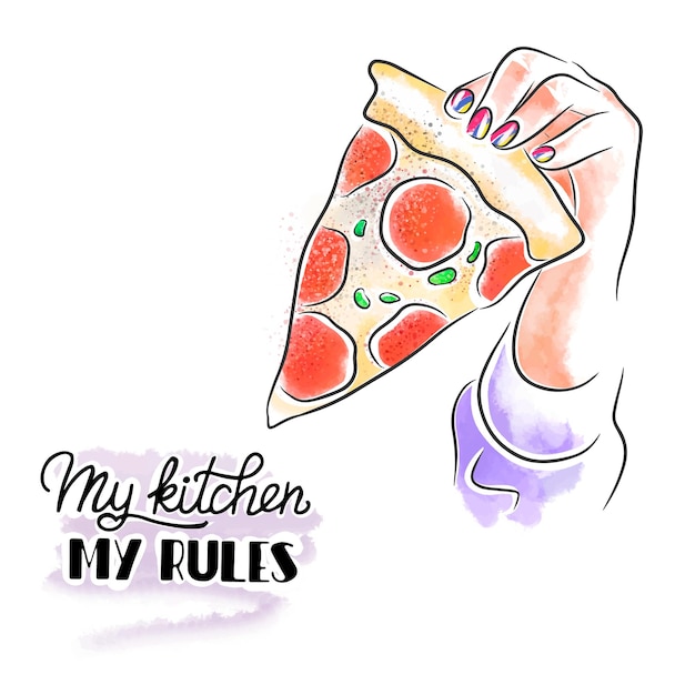 Hand with trendy manicure holds pizza lettering watercolor