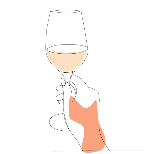 Hand with wine glass one continuous line drawing sketch vector