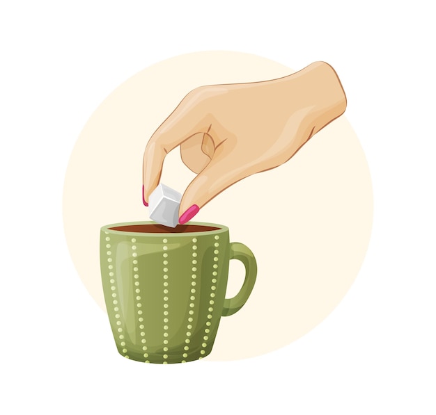 Hand of woman throwing sugar cube in cup