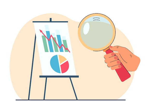 Hand of worker with magnifier studying business chart. Bar graphs, diagram and upward arrow as symbol of improvement flat vector illustration. Growth, development concept for banner or website design