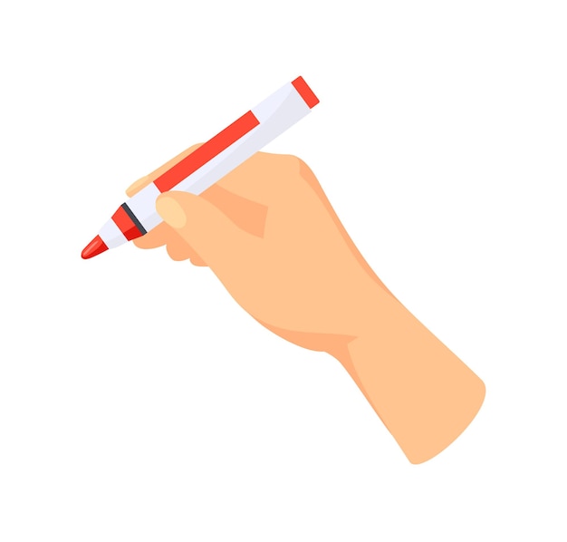 Hand writes with red highlighter. Marker in arm for text or autograph, cartoon vector illustration isolated on white background