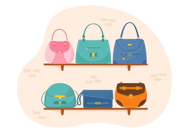 Handbag Store with Collection of Various Bags and Different Types of Lifestyle in Flat Illustration