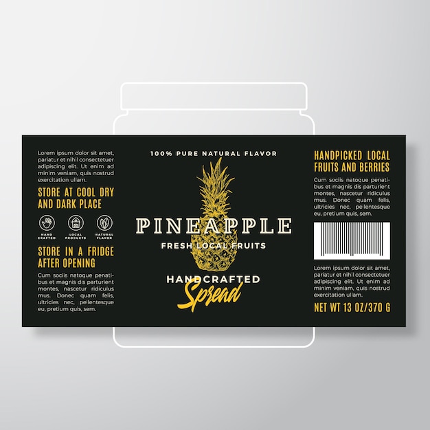 Handcrafted Fruit Spread or Jam Label Template Abstract Vector Packaging Design Layout Modern Typography Banner with Hand Drawn Pineapple Silhouette Background