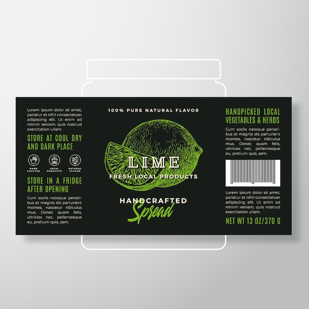 Handcrafted Fruit Spread or Jam Label Template. Abstract Vector Packaging Design Layout. Modern Typography Banner with Hand Drawn Slice and Whole Lime Silhouette Background. Isolated.