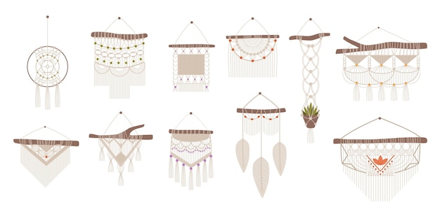 Handcrafted macrame Bohemian interior handmade hanging decorations Scandinavian woven ethnic decor elements set Wooden sticks with intertwined ropes and tassels Vector hygge craft