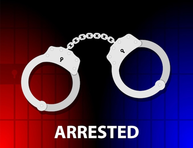 Handcuffs sign arrested illustration red and blue light behind bars