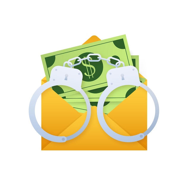 Handcuffs with envelope of money Dishonest Money Anti corruption concept sign label