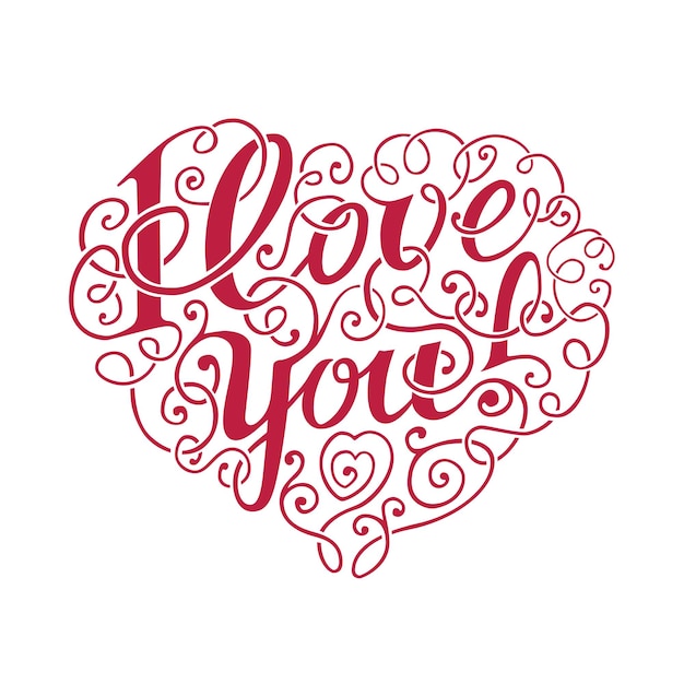 Handdraw Lettering I Love You in the Form of Heart on red background