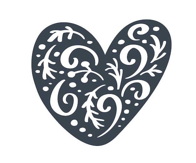 Handdraw scandinavian Christmas heart with ornament flourish vector icon silhouette Simple gift contour symbol