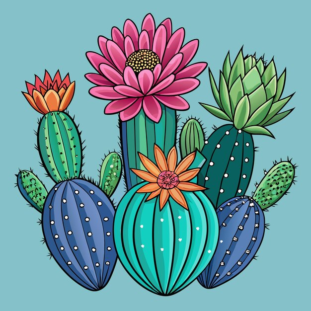 Vector handdrawn 3d cactus flowers collection