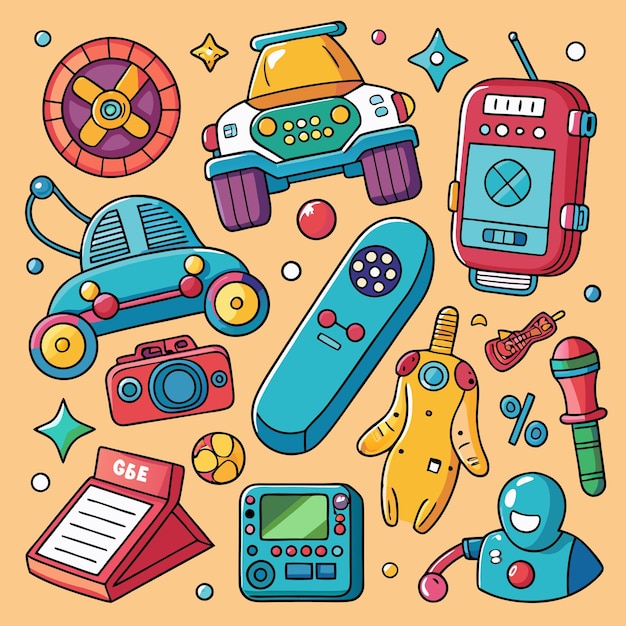 Vector handdrawn 90s era toys and gadgets set